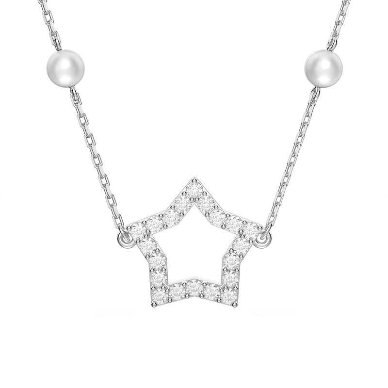 Swarovski Stella Rhodium Plated White Crystal Pearls Star Necklace - Silver
