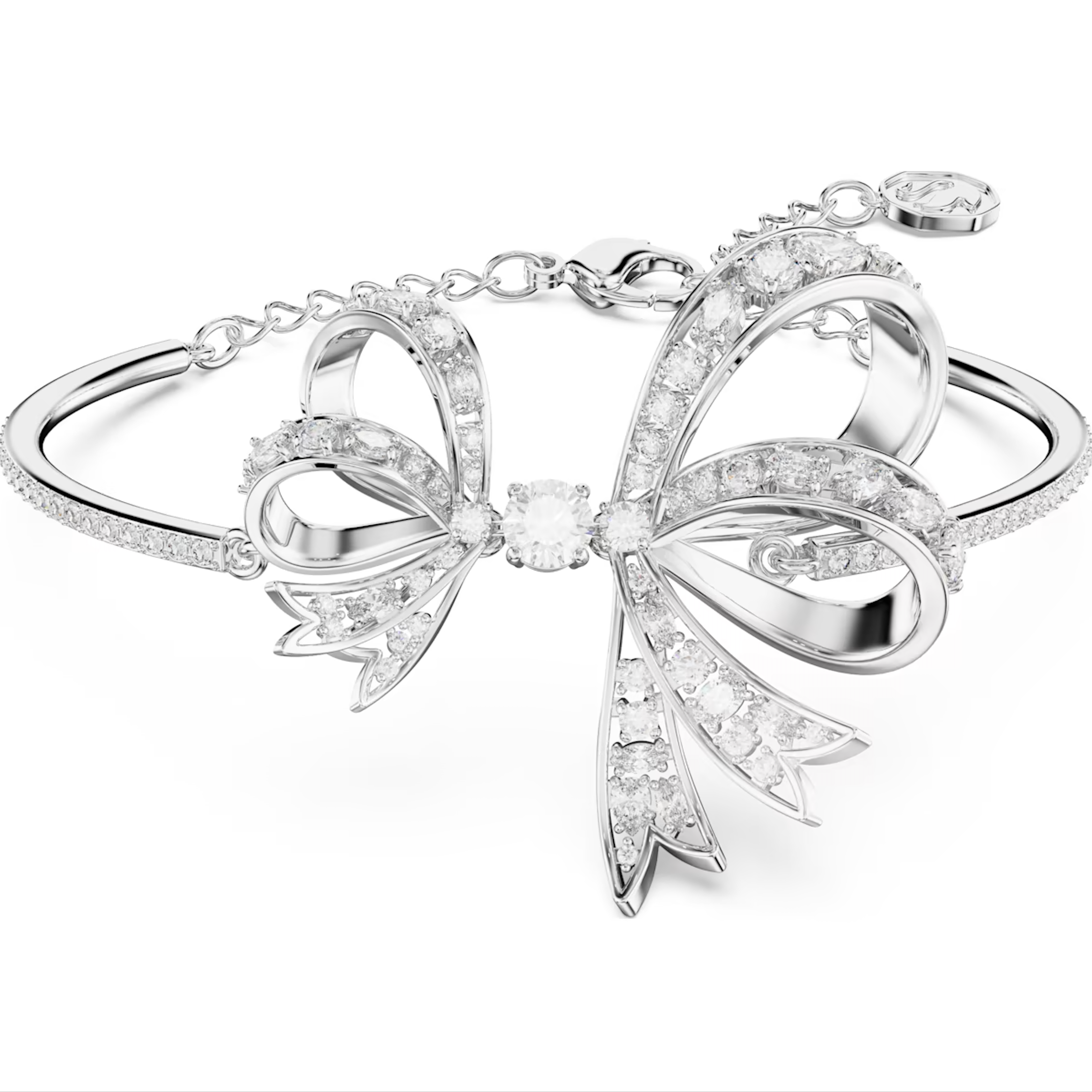 Swarovski Volta Rhodium Plated Bow White Crystal Bangle - Silver
