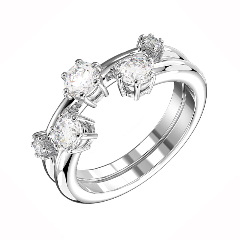 Swarovski Constella Rhodium Plated White Crystal Two Piece Ring Set Size 58 - 58
