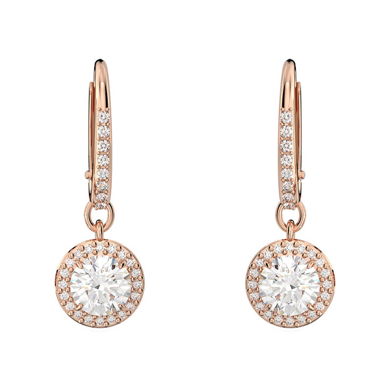 Swarovski Constella Rose Gold Tone Plated White Crystal Pave Drop Earrings - Gold
