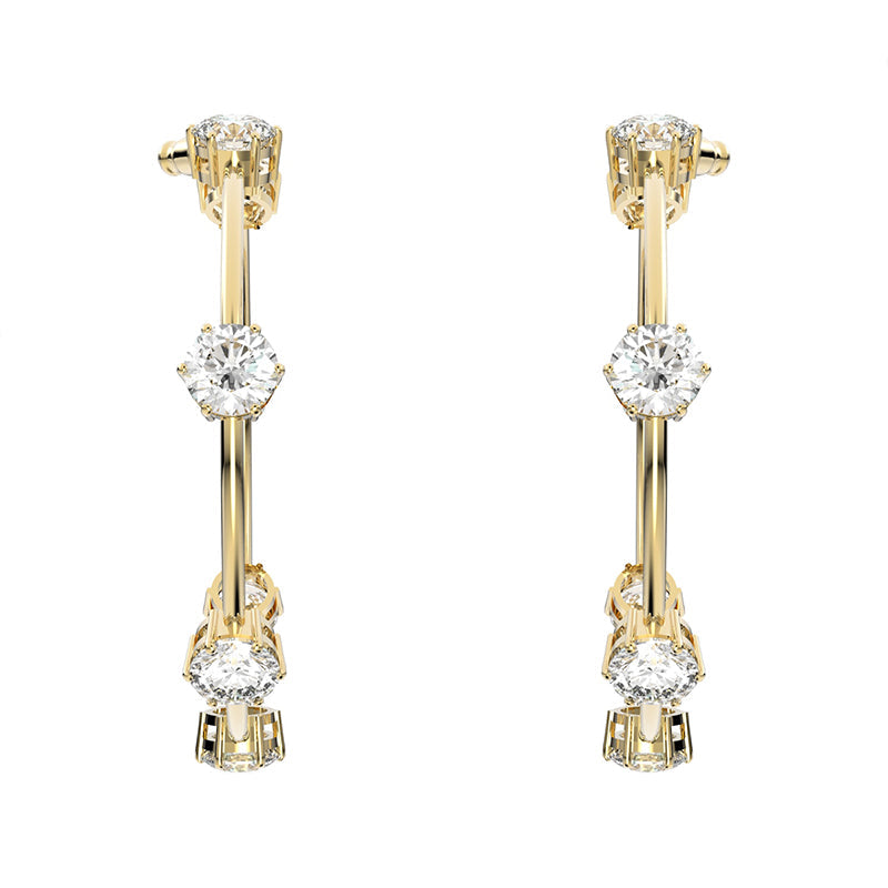 Swarovski Constella Yellow Gold Tone Plated White Crystal Round Cut Hoop Earrings - Gold