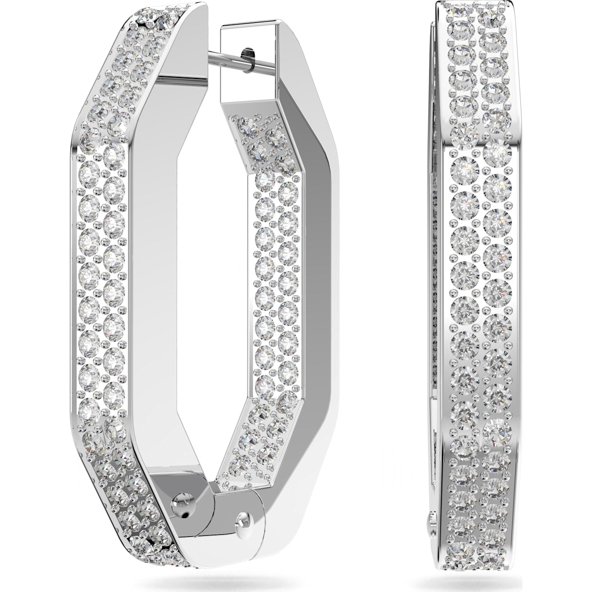 Swarovski Dextera Rhodium Plated White Crystal Octagon Medium Hoop Earrings - Silver
