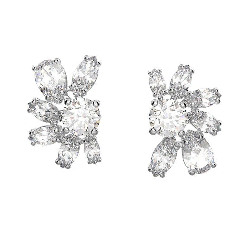 Swarovski Gema Rhodium Plated White Crystal Flower Stud Earrings - Gold