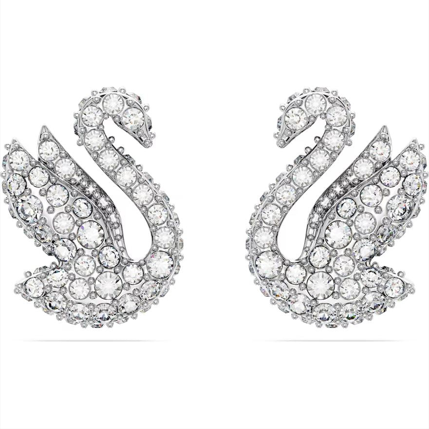 Swarovski Iconic Swan Rhodium Plated White Crystal Stud Earrings - Silver