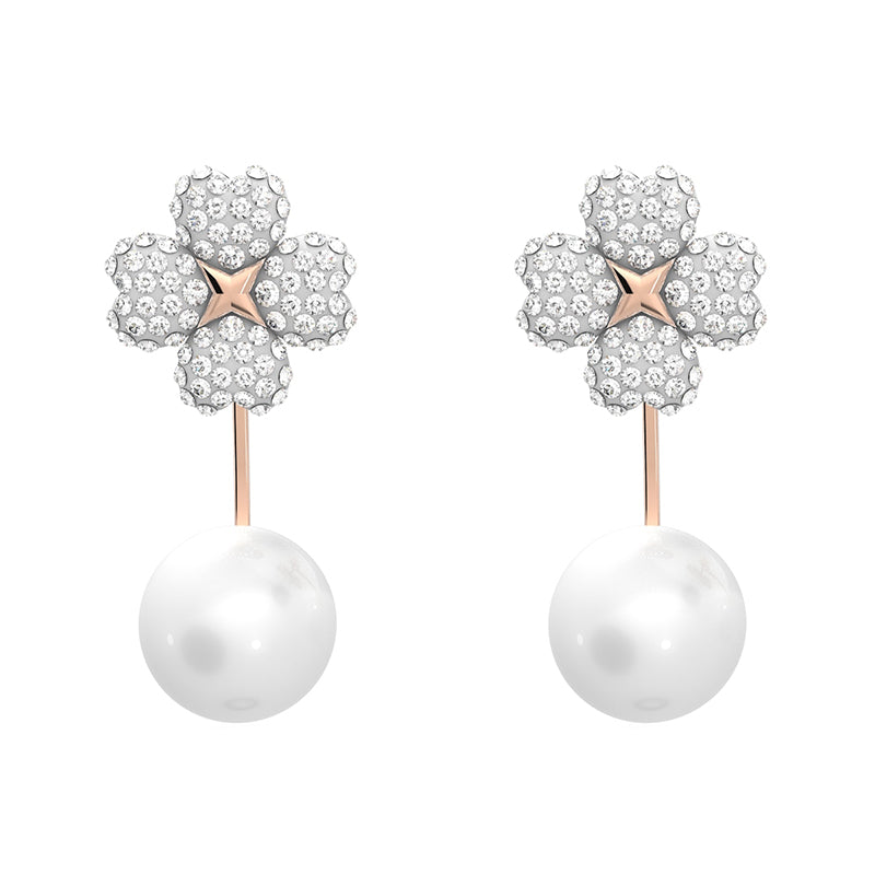 Swarovski Latisha Rose Gold Tone Plated White Flower Crystal Pearl Earring Jackets D - Silver
