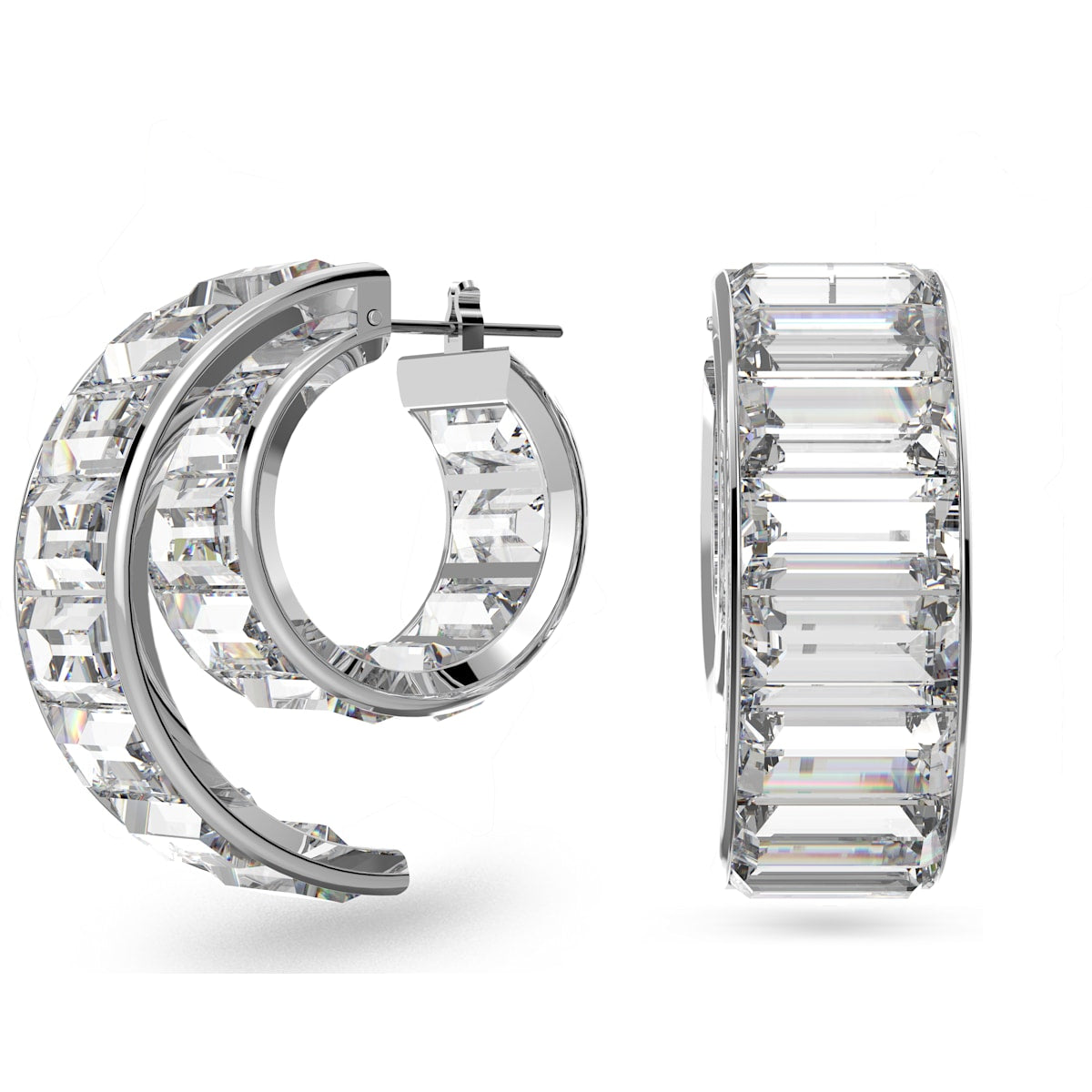 Swarovski Matrix Rhodium Plated White Crystal Baguette Cut Hoop Earrings - Silver