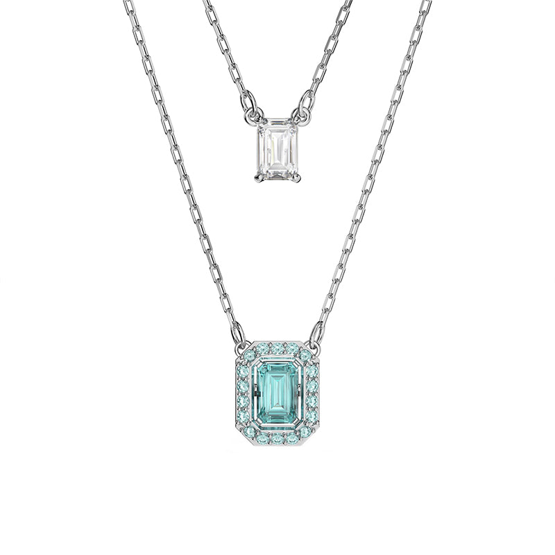Swarovski Millenia Rhodium Plated Blue Crystal Octagon Cut Layered Necklace - Silver