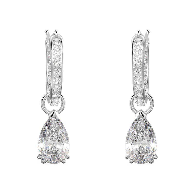 Swarovski Millenia Rhodium Plated White Crystal Pear Cut Hoop Earrings - Silver
