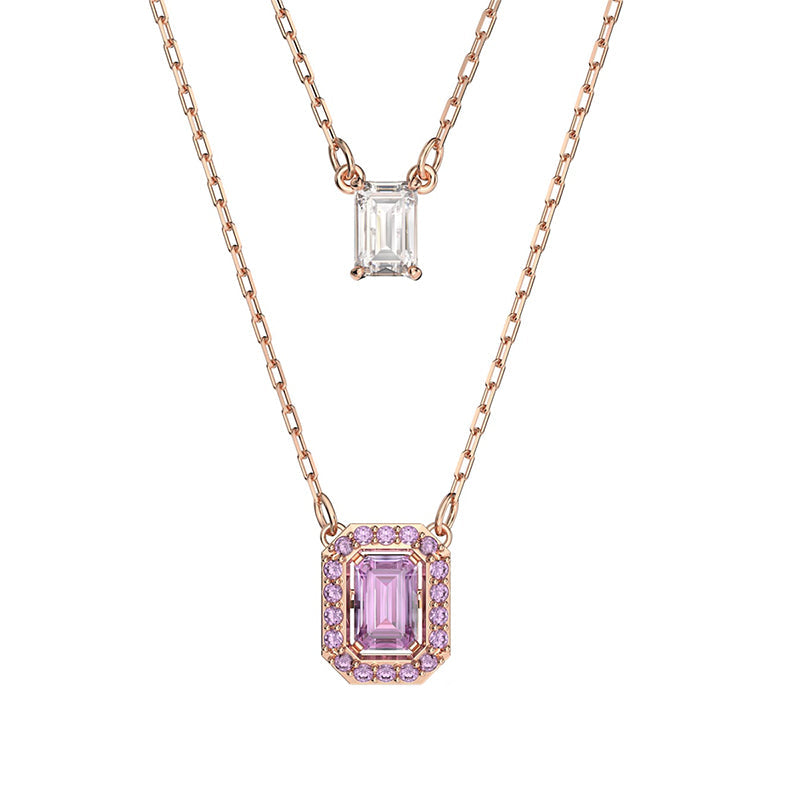 Swarovski Millenia Rose Gold Tone Plated Purple Crystal Octagon Cut Layered Necklace - Gold