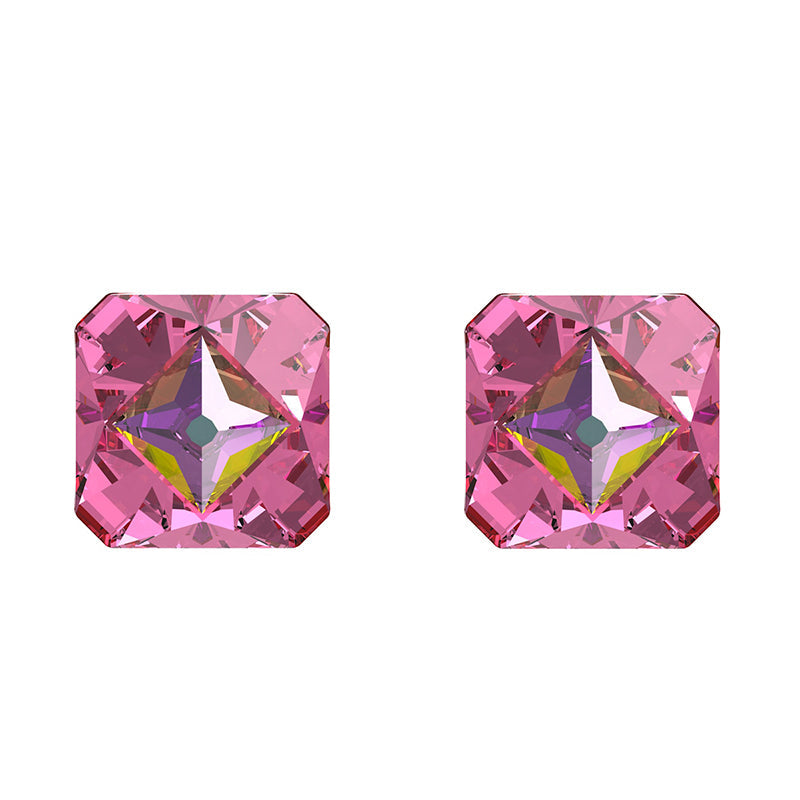 Swarovski Ortyx Gold Tone Plated Pink Crystal Pyramid Cut Stud Earrings - Silver