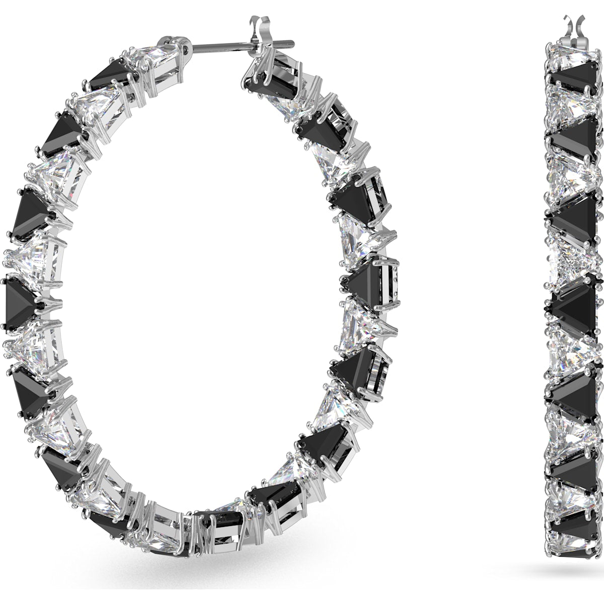 Swarovski Ortyx Rhodium Plated Black Crystal Triangle Cut Hoop Earrings - Medium