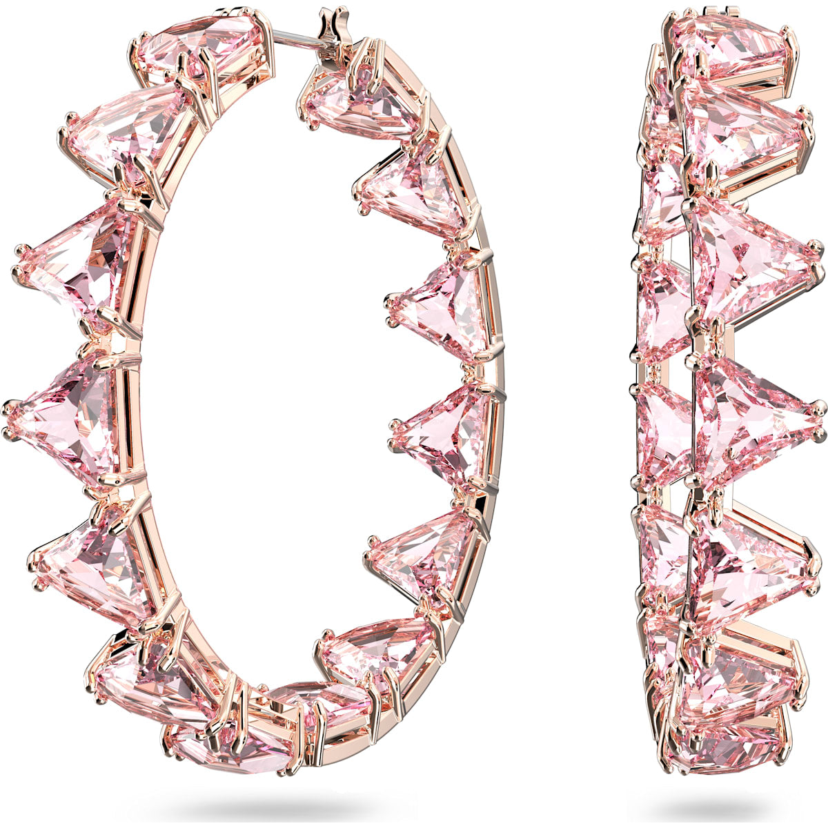 Swarovski Ortyx Rose Gold Tone Plated Pink Crystal Triangle Cut Hoop Earrings - Silver