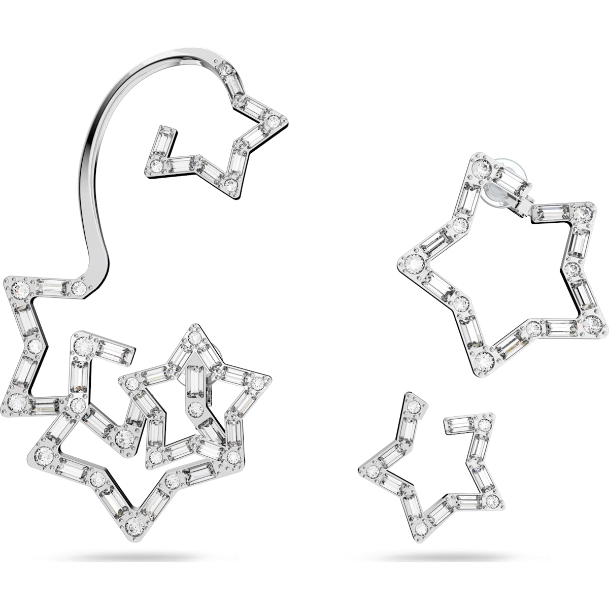 Swarovski Stella Rhodium Plated White Crystal Star Ear Cuff Earrings Set - Silver