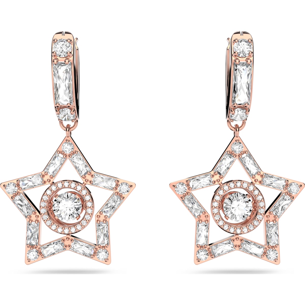 Swarovski Stella Rose Gold Tone Plated White Crystal Star Hoop Earrings - Silver