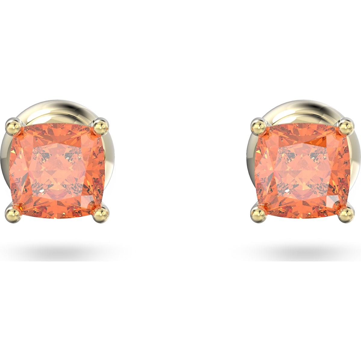 Swarovski Stilla Gold Tone Plated Orange Crystal Cushion Cut Stud Earrings - Silver