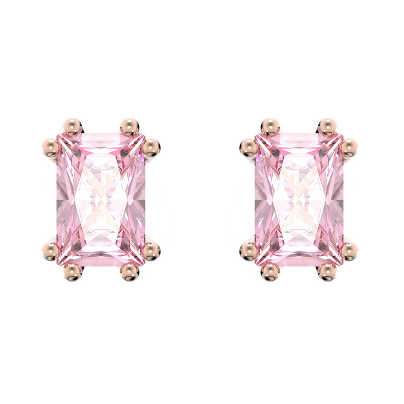 Swarovski Stilla Rose Gold Tone Plated Pink Crystal Cushion Cut Stud Earrings - Silver