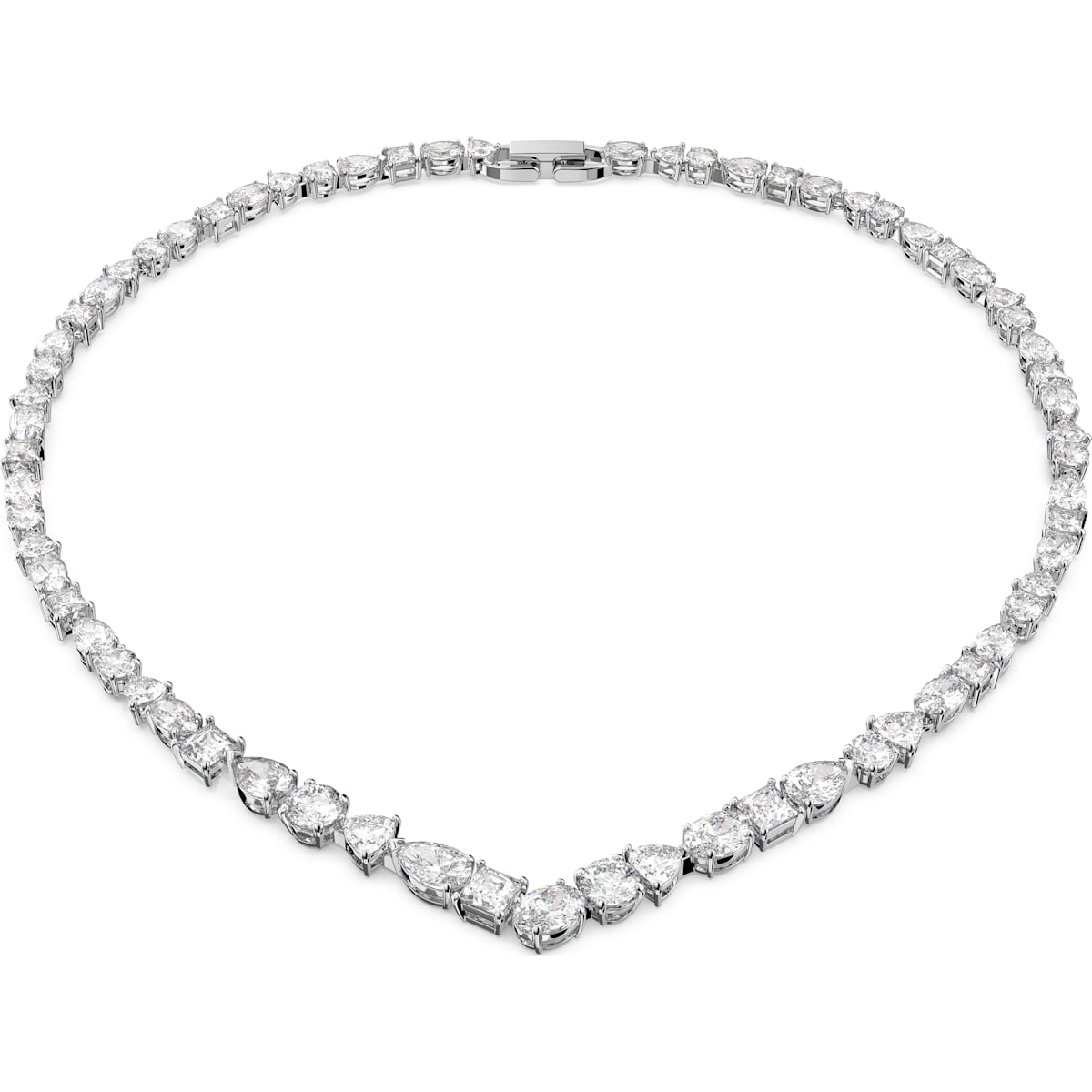Swarovski Tennis Rhodium Plated White Crystal Mixed Cuts Deluxe V Necklace - Silver
