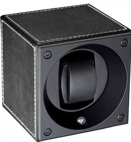 Swiss Kubik Watch Winder Single Black Leather With White Stitches - Black