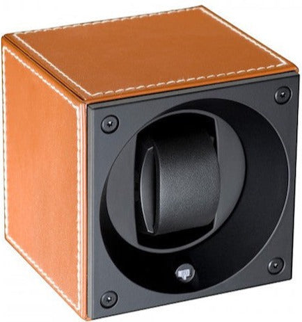 Swiss Kubik Watch Winder Single Cognac Leather With White Stitches - Brown