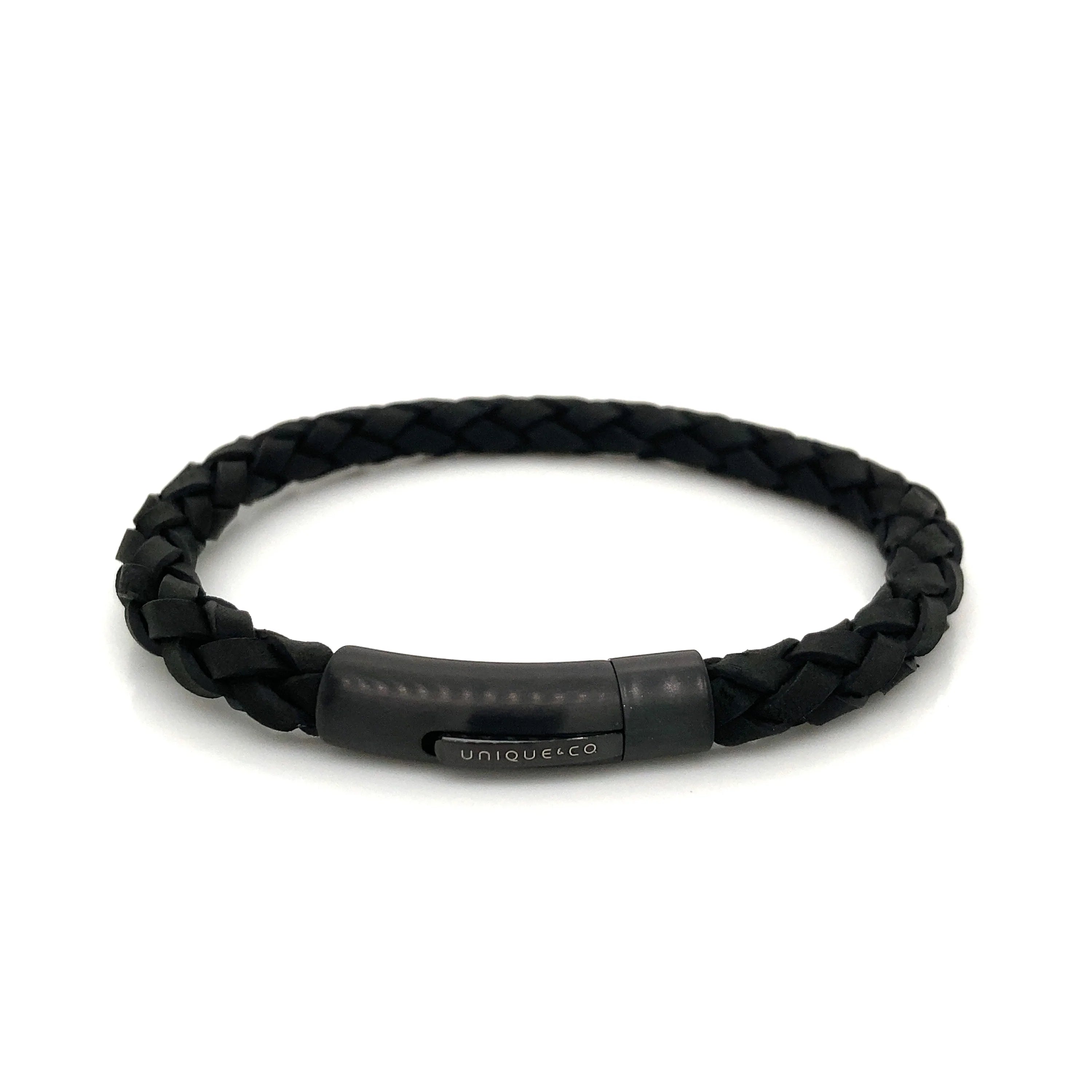 Unique & Co Stainless Steel IP Plated Black Leather Magnetic Clasp Bracelet