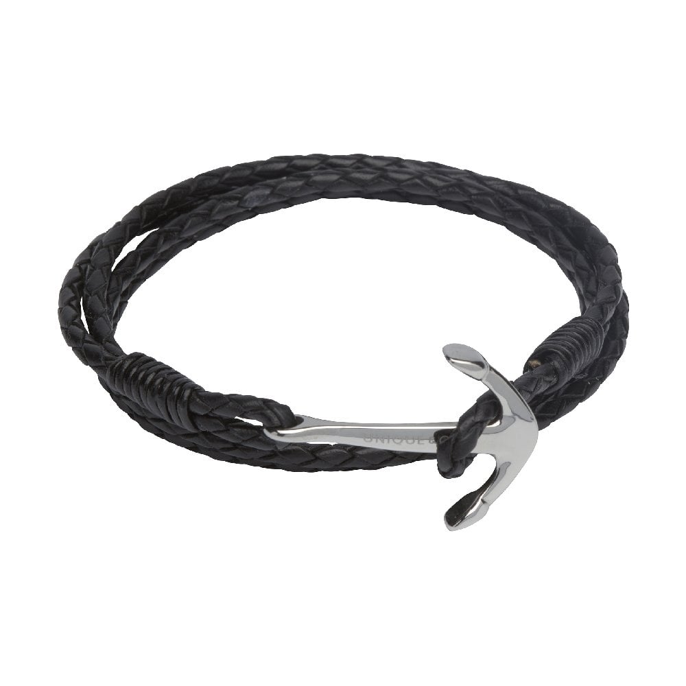 Unique & Co Stainless Steel Anchor Clasp Black Leather Bracelet