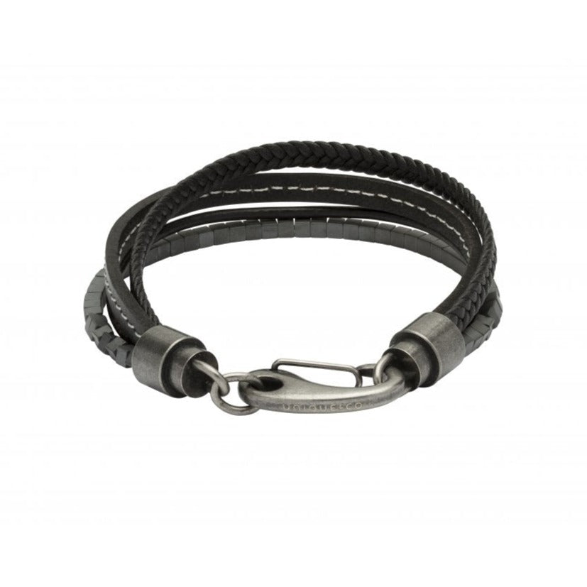 Unique & Co Stainless Steel Black Leather White Stitching Hematite Bracelet