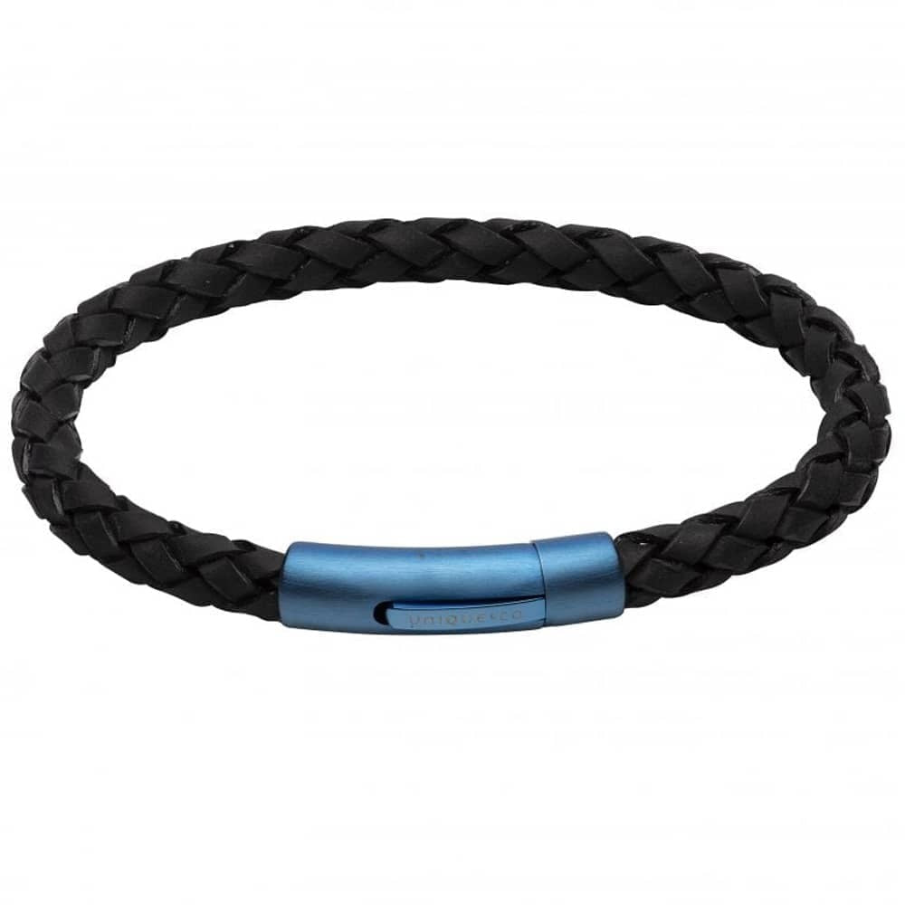 Unique & Co Stainless Steel Blue IP Black Leather Bracelet