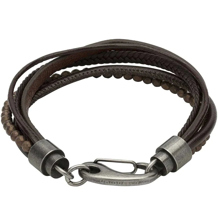 Unique & Co Stainless Steel Five Row Brown Leather Hematite Bracelet