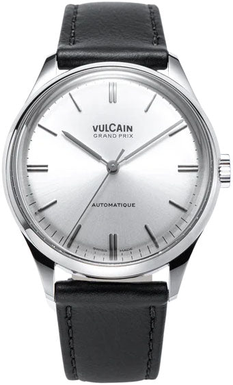Vulcain Watch Grand Prix Silver Black Calf Leather