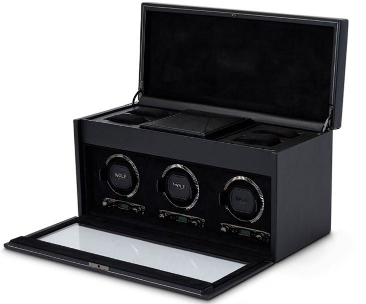 WOLF Watch Winder British Racing Black Triple Storage - Black