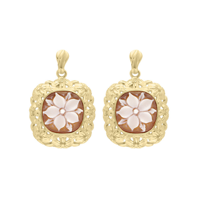 Yellow Gold Plated Sterling Silver Cameo Floral Framed Cushion Drop Earrings D