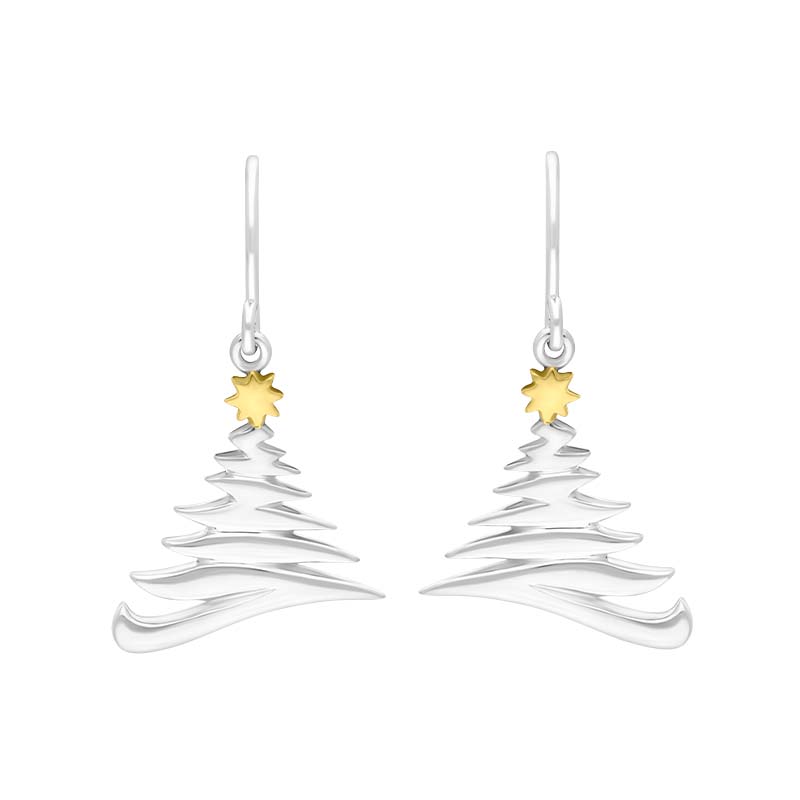 Yellow Gold Plated Sterling Silver Zig Zag Christmas Tree Hook Earrings