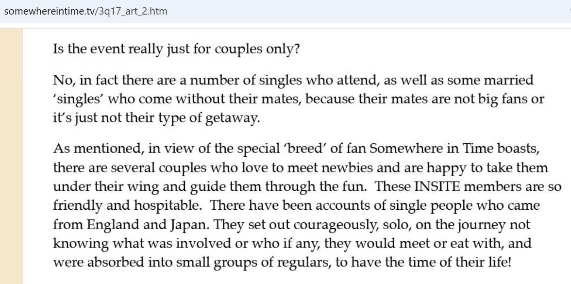 Advice for singles on the official Somewhere in Time fan site