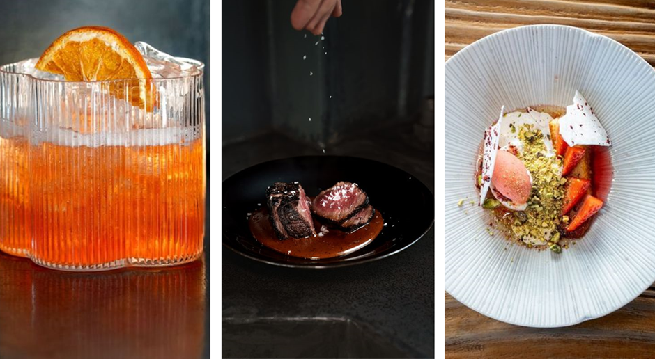 An Old-Fashioned cocktail and menu items on offer at the Waldorf Hilton