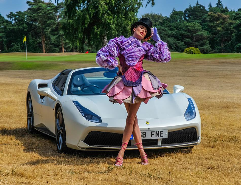 Luxury Woman's Golf Fashion With Ferrari 488 Spider At Worplesdon Golf Club