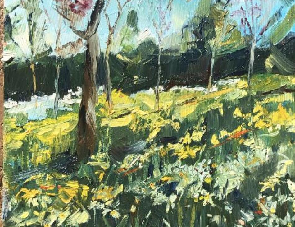 Sunny Daffodils and Apple Blossom, oil on board, 20 x 20cm