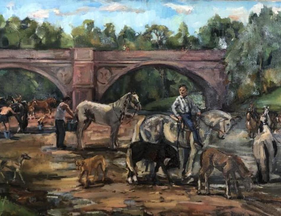 Washing down in the river Eden at Appleby fair, oil on linen, 80 x 35cm 