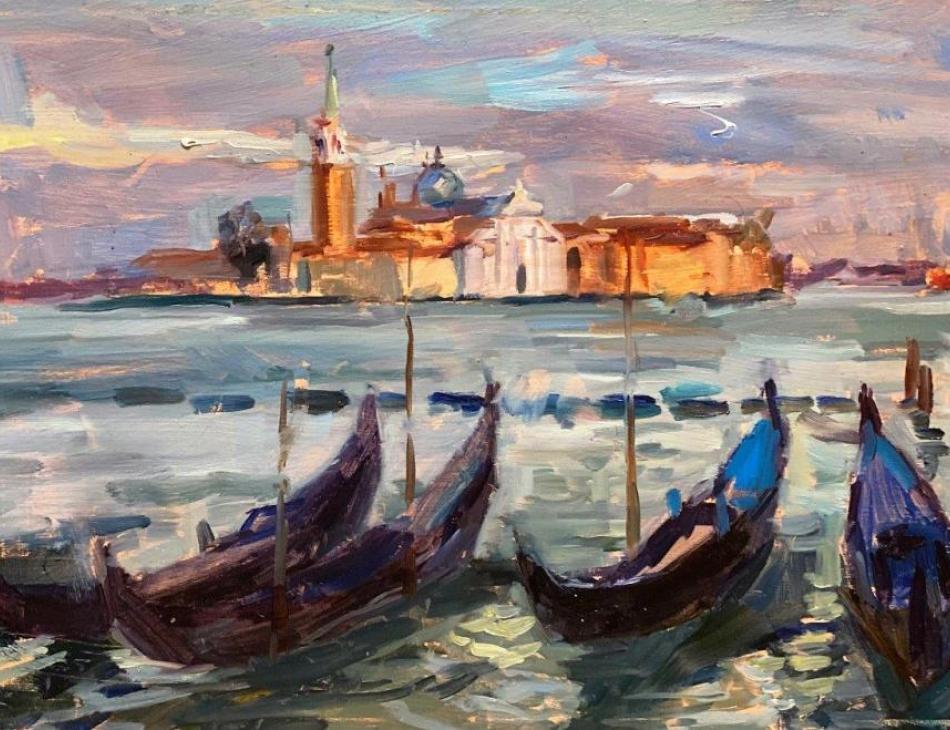 Gondolas at dusk, Venice.