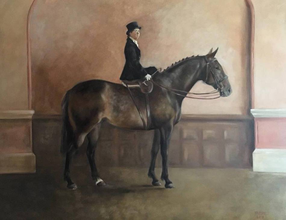 Portrait of Mia Corrie, riding Daka side-saddle, Leighton Hall, Shropshire, Oil On Canvas,  168 x 138 cm 