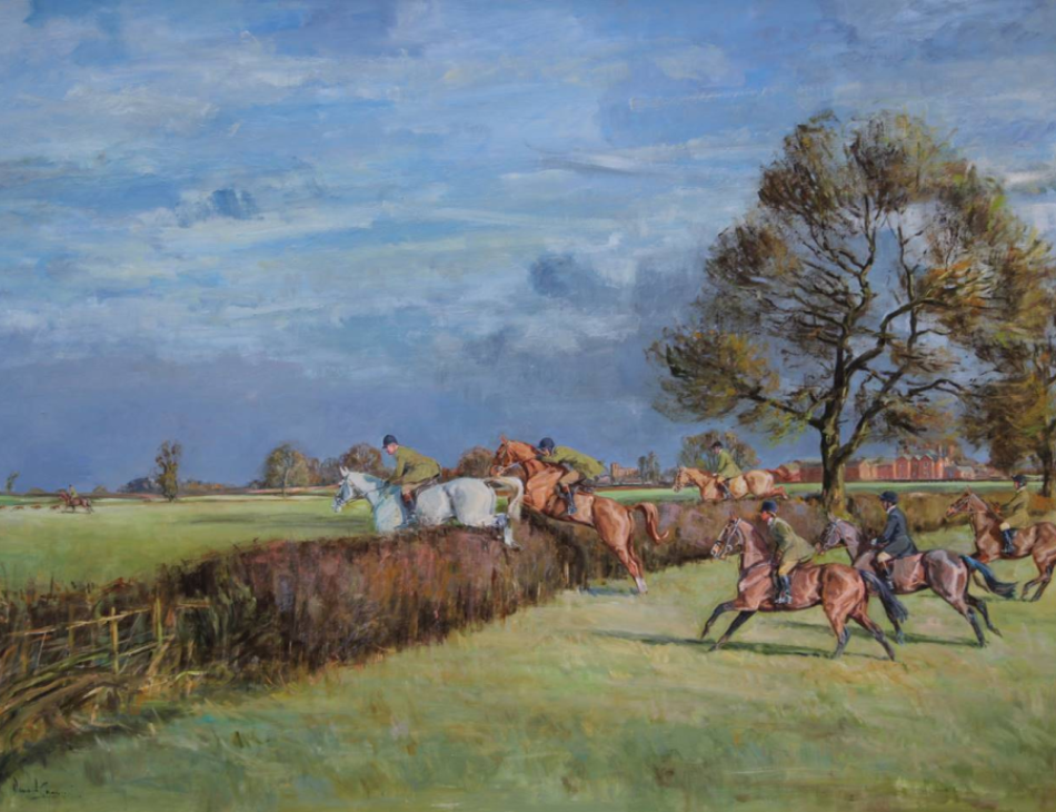 The Greenall Family, Lord and Lady Daresbury and their four sons hunting in Cheshire. 
