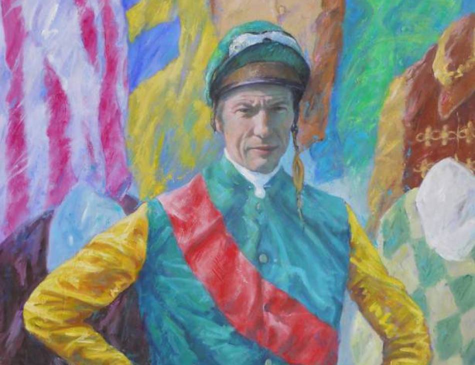 Lester Piggott with his Derby Silks, Oil on Panel, Terence Gilbert