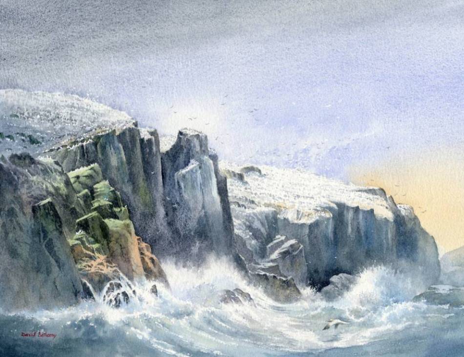 Turbulent Seas, Grassholm, Watercolour, David Bellamy