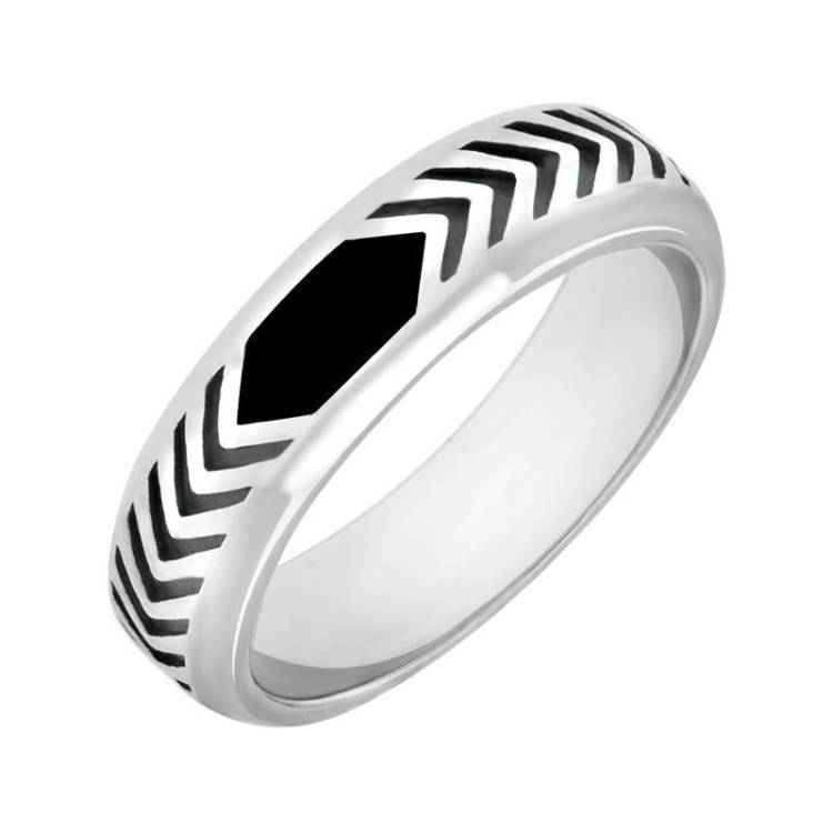 Sterling Silver Whitby Jet Chevron Patterned 6mm Band Ring