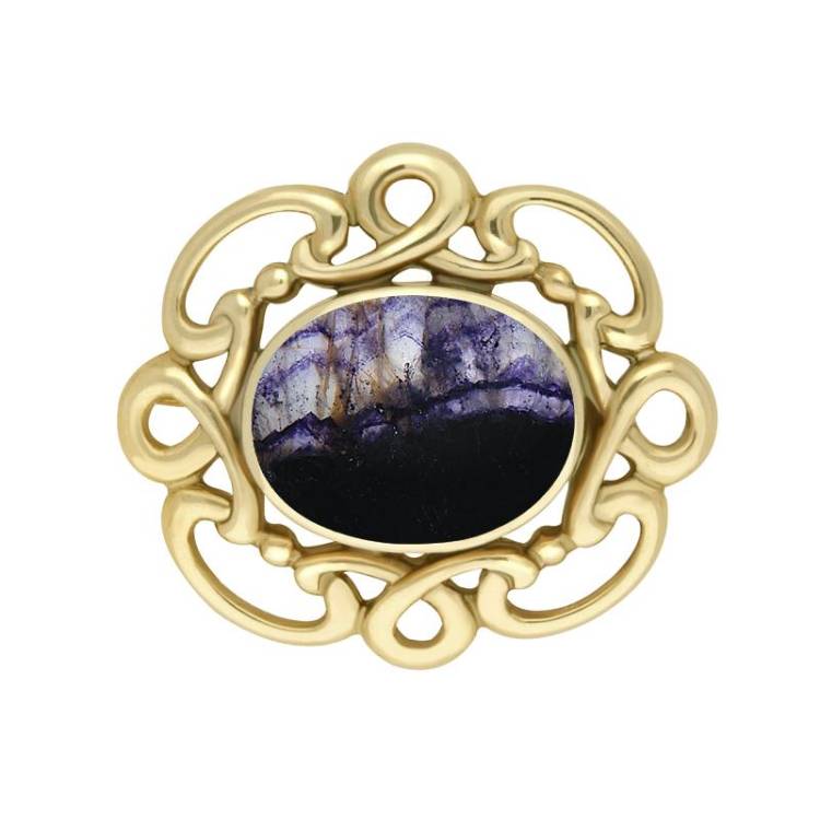 9ct Yellow Gold Blue John Twisted Rope Edge Brooch - Yellow Gold