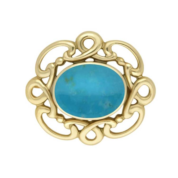 9ct Yellow Gold Turquoise Twisted Rope Edge Brooch - Yellow Gold