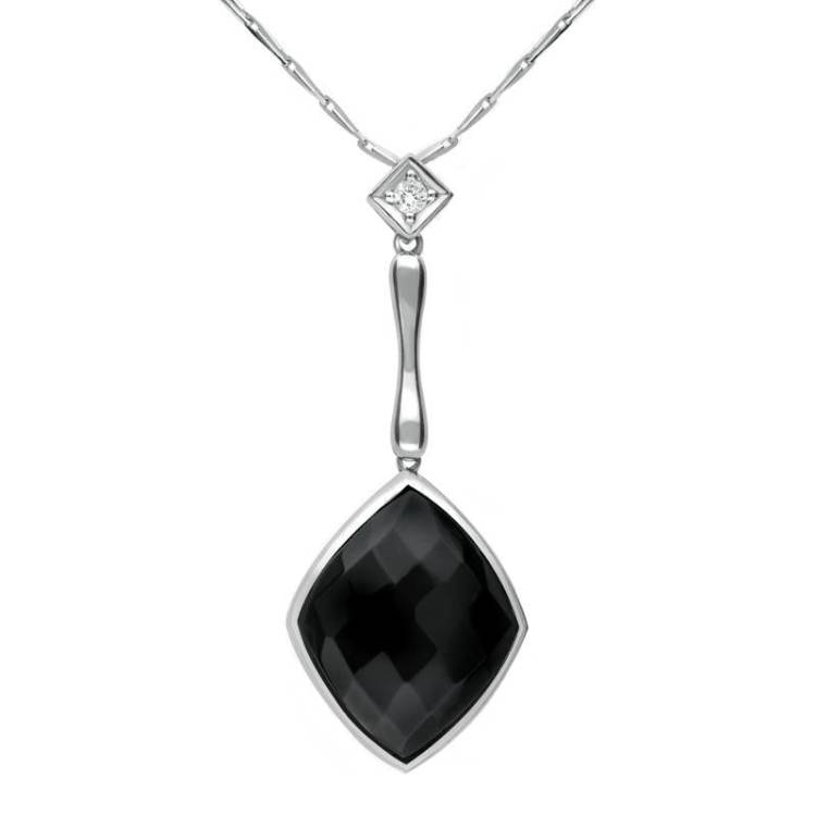18ct White Gold Whitby Jet Diamond Faceted Cushion Necklace D