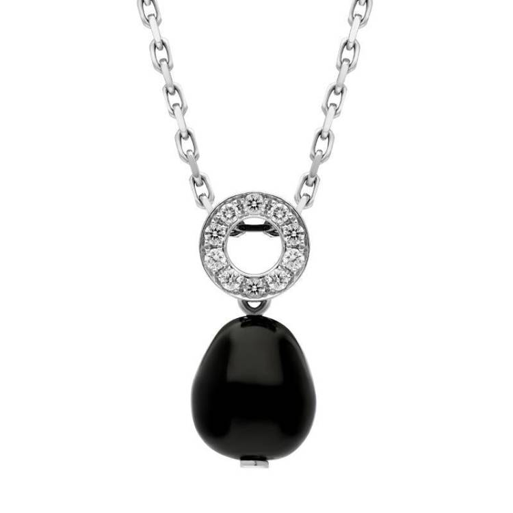 18ct White Gold Whitby Jet Diamond Bead Pave Set Open Round Top Necklace D
