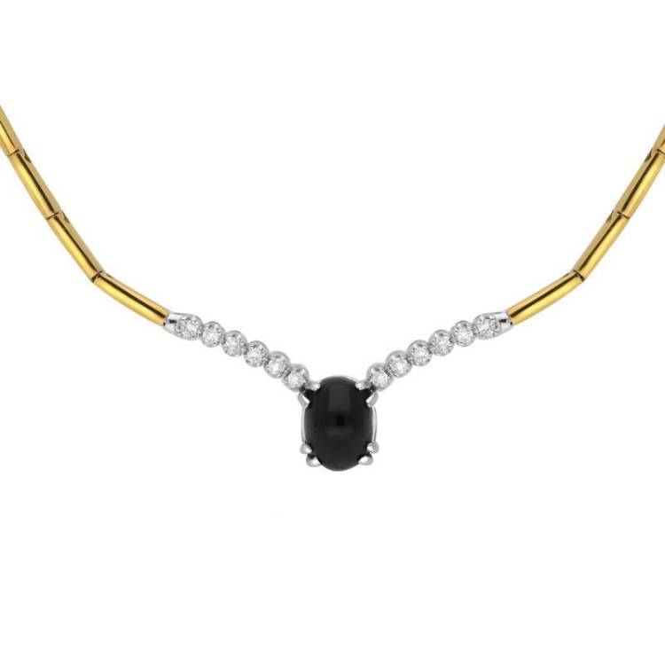 18ct Yellow White Gold Whitby Jet and Diamond Oval Centre Necklace - Yellow Gold