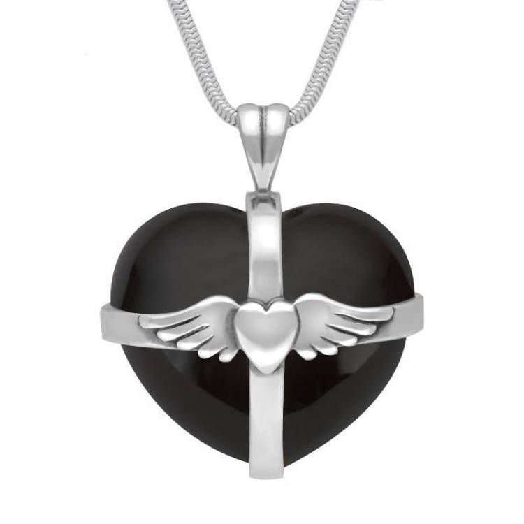 Sterling Silver Whitby Jet Large Winged Cross Heart Necklace - Silver