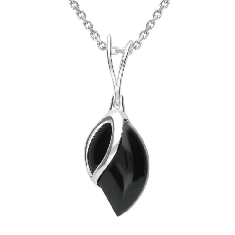 Sterling Silver Whitby Jet Leaf Shape Open Top Necklace - Silver